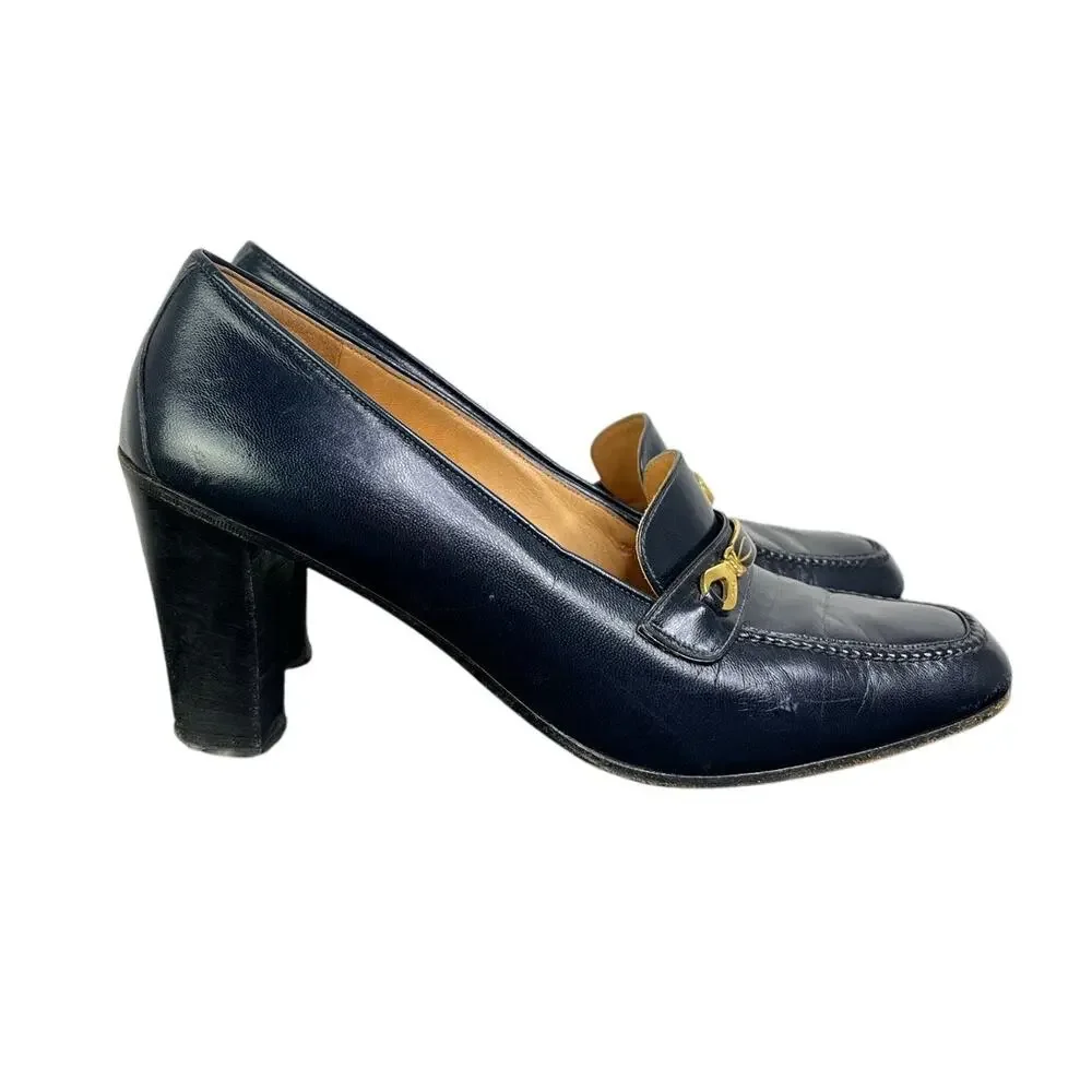 Celine Vintage Shoes Womens Sz 8 Blue‎ Leather Gold Trim Classic Old Money